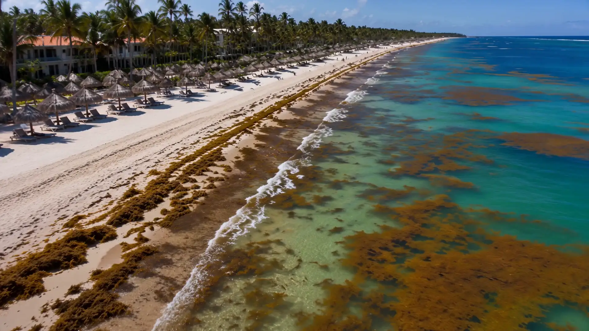 Vista aérea de la línea costera y el oleaje del Caribe